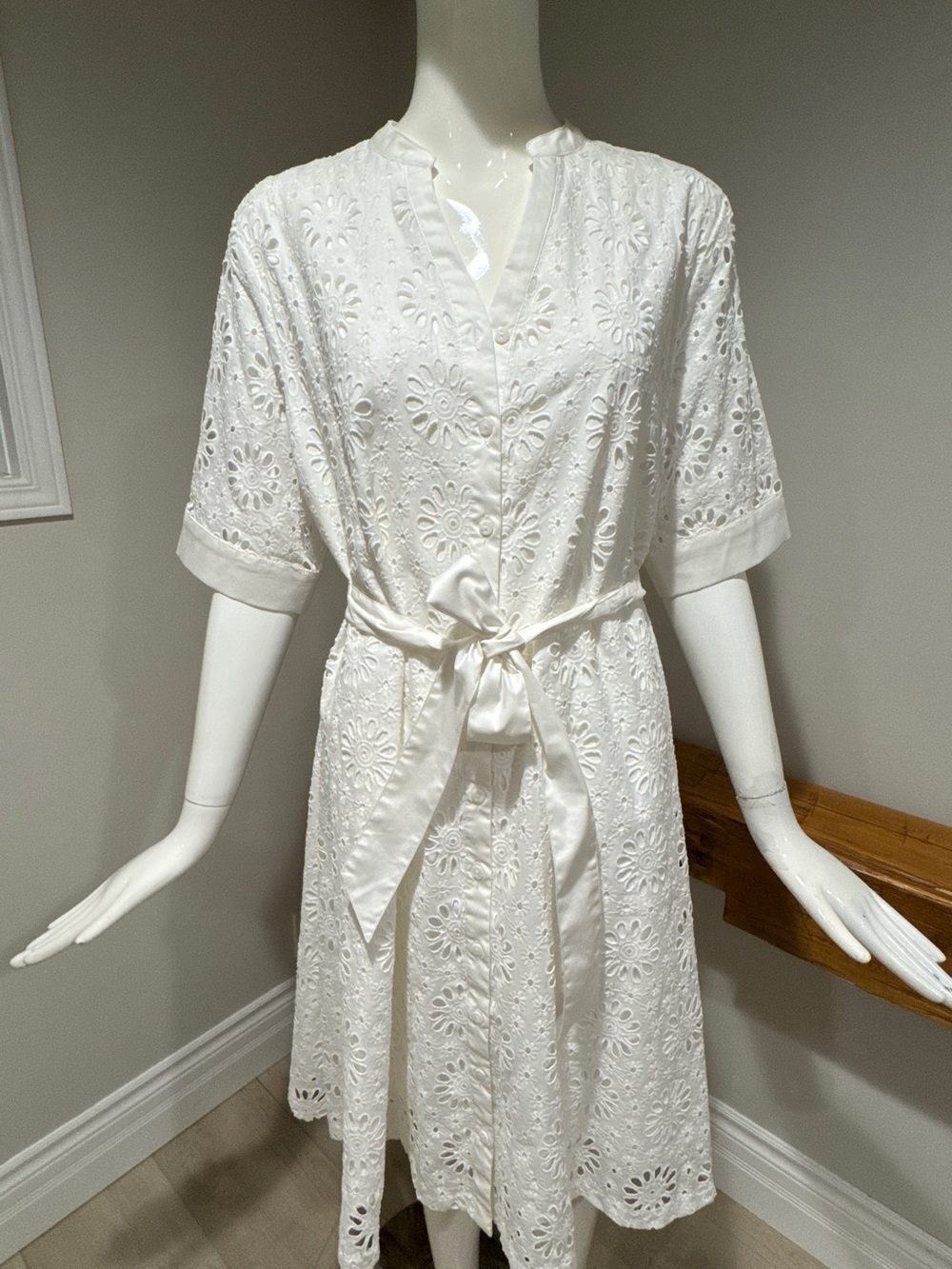 Leo & Ugo Paris Eyelet Dress White Belted Cotton Midi EU 4/50